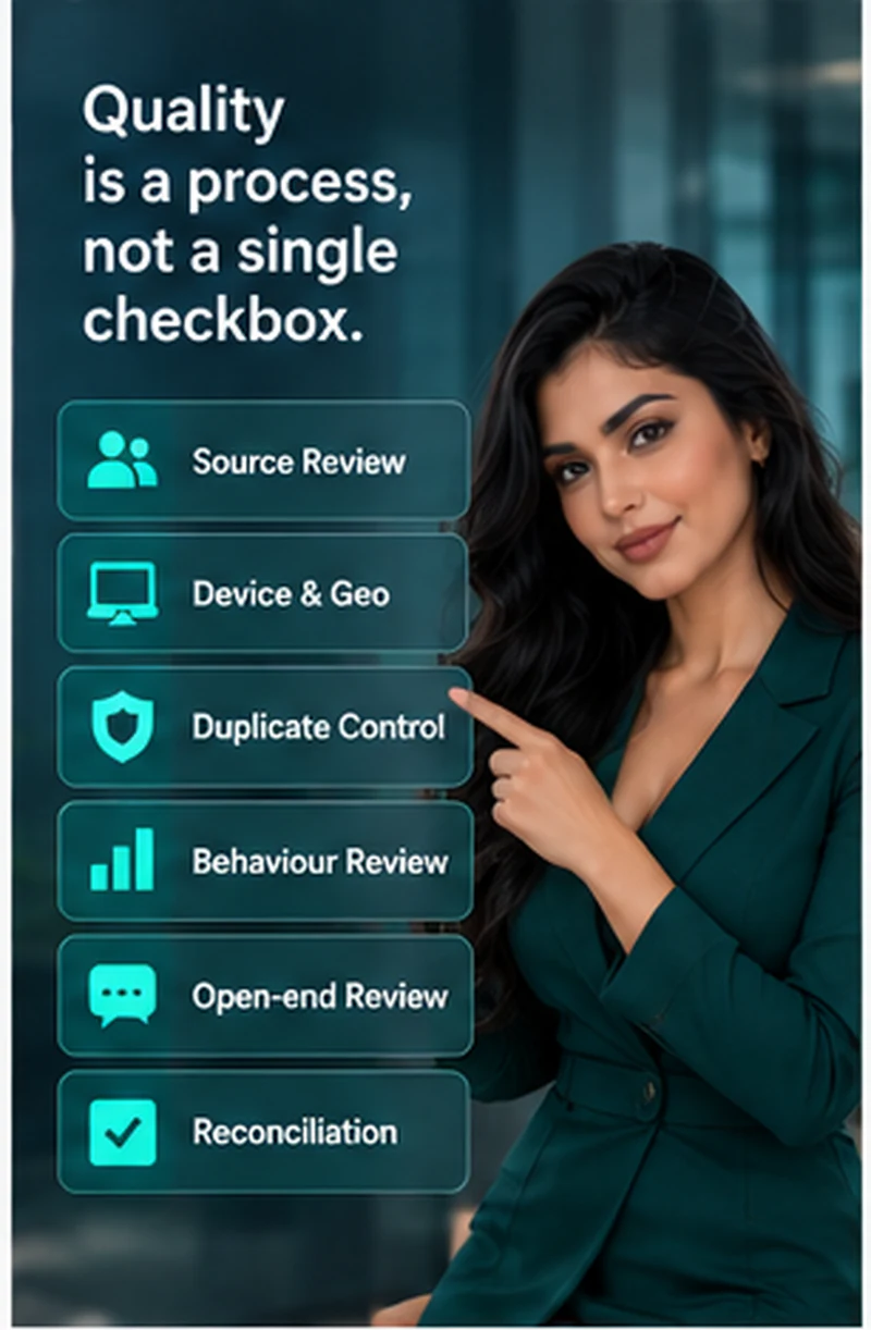 Presenter highlighting source review, device and geo checks, duplicate control, behaviour review, open-end review and reconciliation.